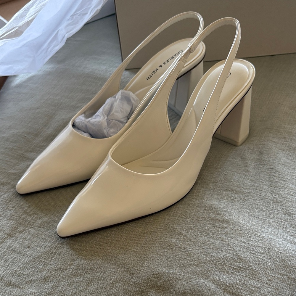Charles & Keith Cream Patent Pointed-Toe Slingback Block Heels